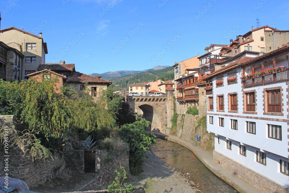 View of Potes in summer, a village in peaks of Europe, Spain