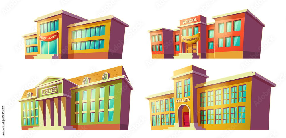 Set of college and school buildings with back to school banner over door cartoon illustration drawn in perspective isolated on white background. City modern educational institutions vector elements