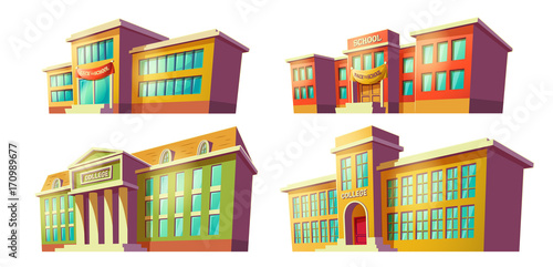 Set of college and school buildings with back to school banner over door cartoon illustration drawn in perspective isolated on white background. City modern educational institutions vector elements