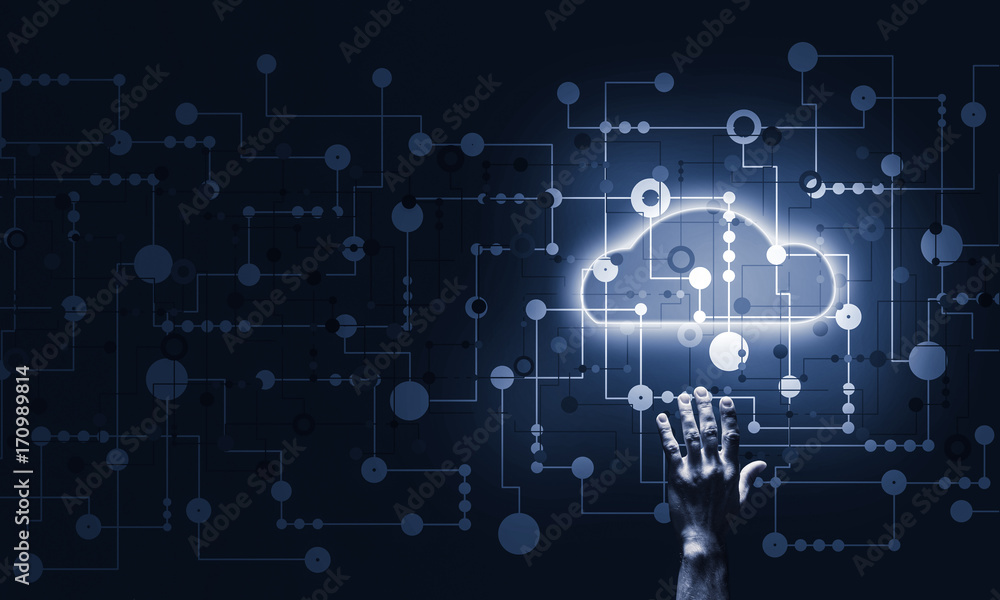 Technology idea concept with glowing cloud icon and touching it Technology idea concept with glowing cloud icon and touching it