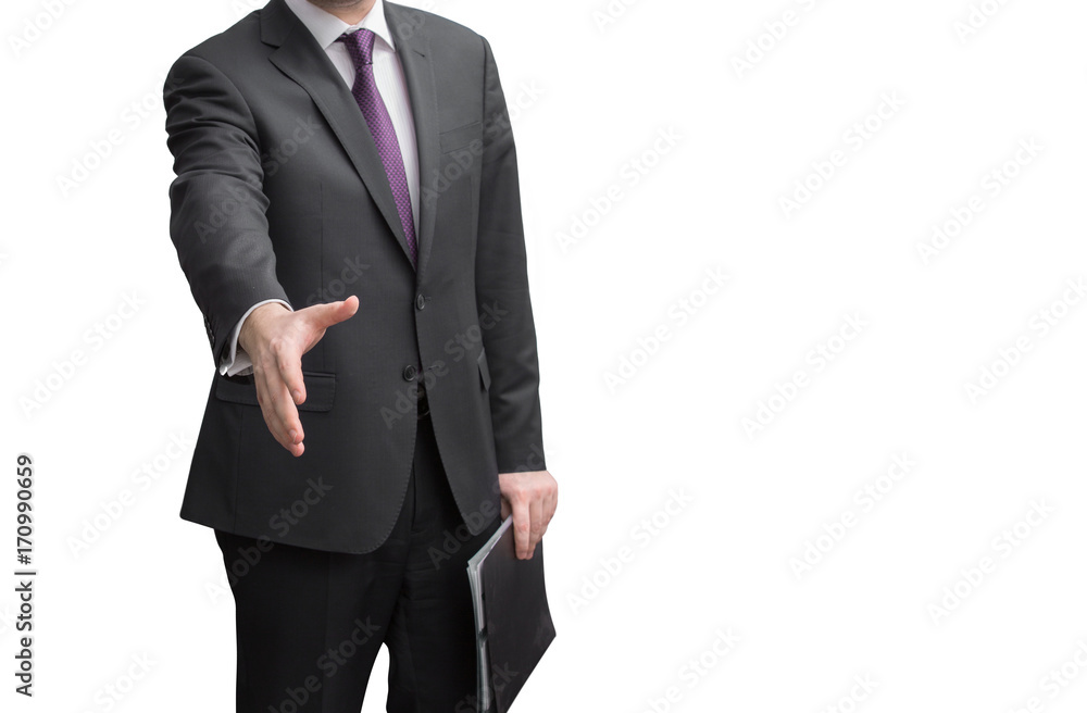 An unknown businessman with open hand ready to seal a deal on white background. Focus on a hand. An unknown businessman with open hand ready to seal a deal on white background. Focus on a hand.