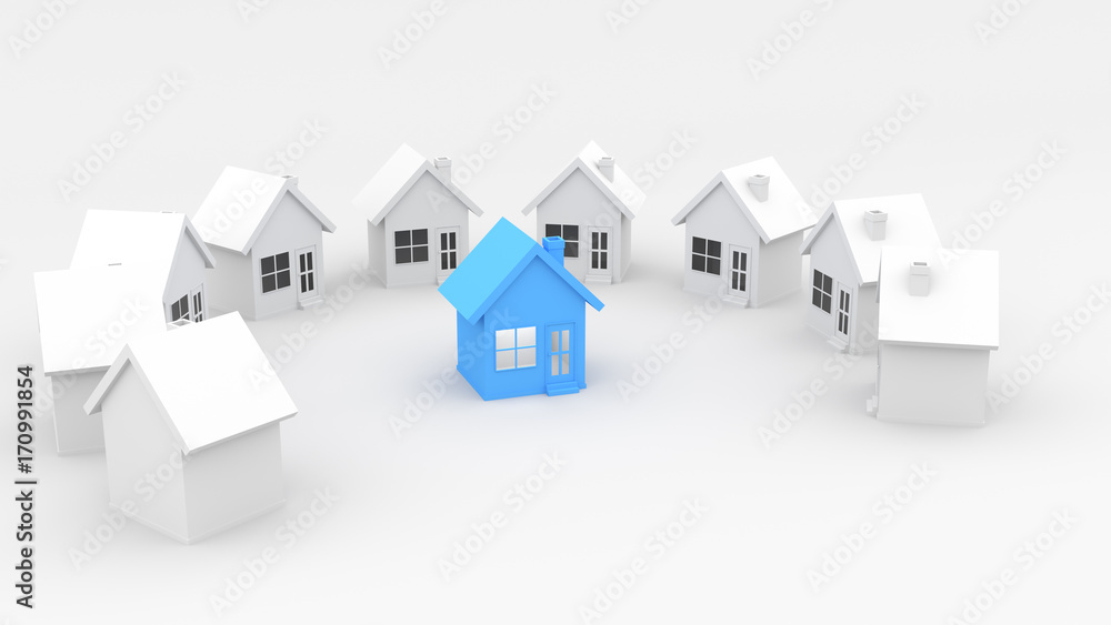 White paper houses stand around a blue house with square window, door, and lighting inside, on white background. 3D Rendering. White paper houses stand around a blue house with square window, door, and lighting inside, on white background. 3D Rendering.