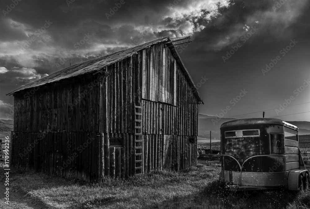 Old Barn and Horse Trailer in Black and White Old Barn and Horse Trailer in Black and White