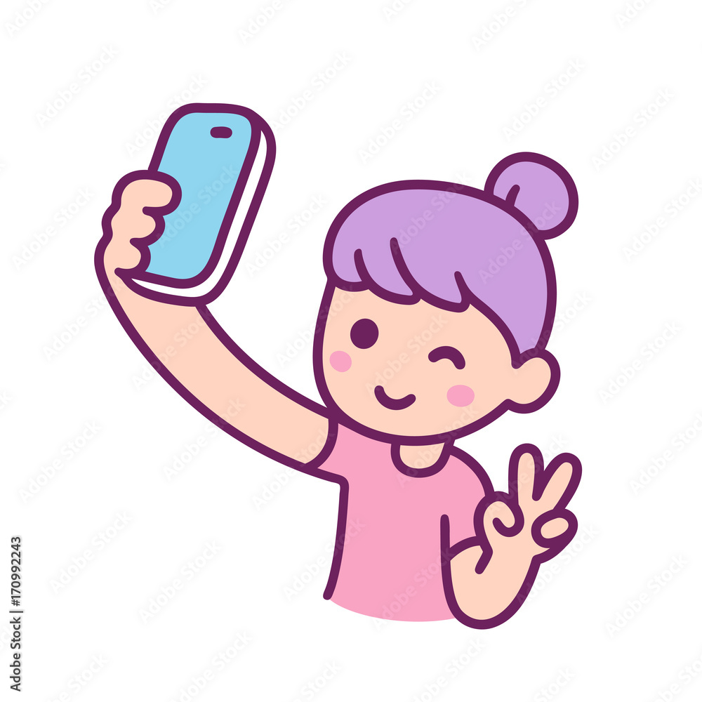 Cute cartoon girl takes selfie Stock Vector | Adobe Stock