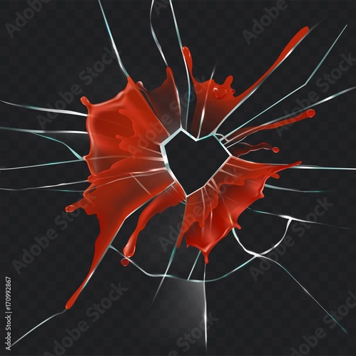 Damaged and cracked glass with hole in shape of heart in center, dripping blood splash realistic vector illustration on transparent background. Broken heart, break in relations, heart attack concept