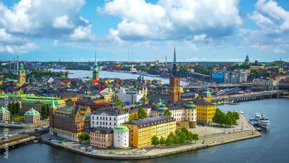 Time lapse of Stockholm, Sweden on a summers day. Aerial view of the island Riddarholmen and the old town.