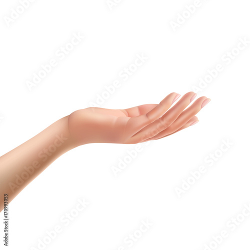 Facing up womans hand realistic vector illustration isolated on white background.  Female open palm up in getting or receiving something gesture, holding, showing, presenting product business concept