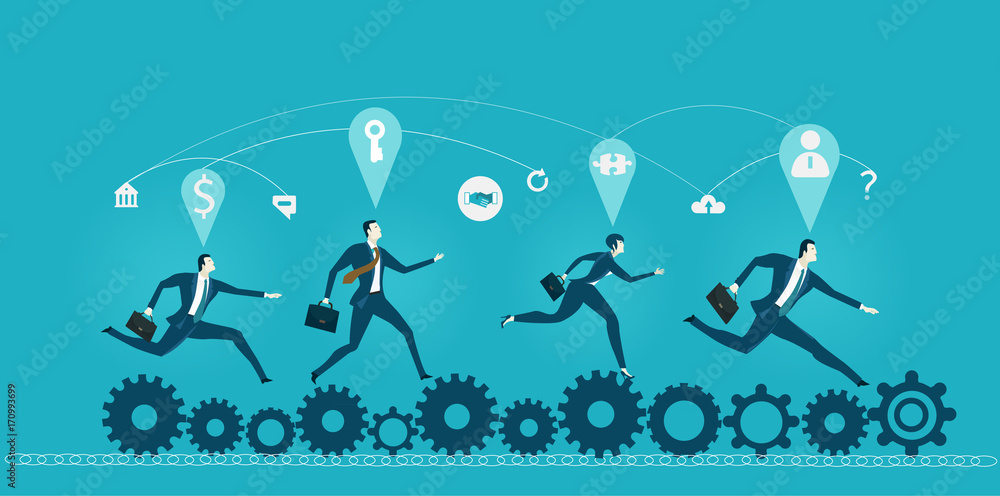 Obraz premium Young business people running over the rolling gears, competition for the best professional position. Business concept illustration.