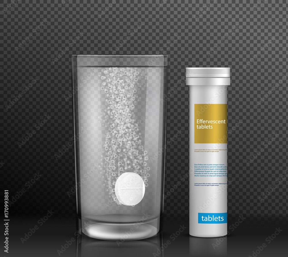Effervescent round tablet dissolving with bubbles in glass of water standing on glossy surface near pill cylinder container with brand information realistic vector isolated on transparent background. Effervescent round tablet dissolving with bubbles in glass of water standing on glossy surface near pill cylinder container with brand information realistic vector isolated on transparent background.