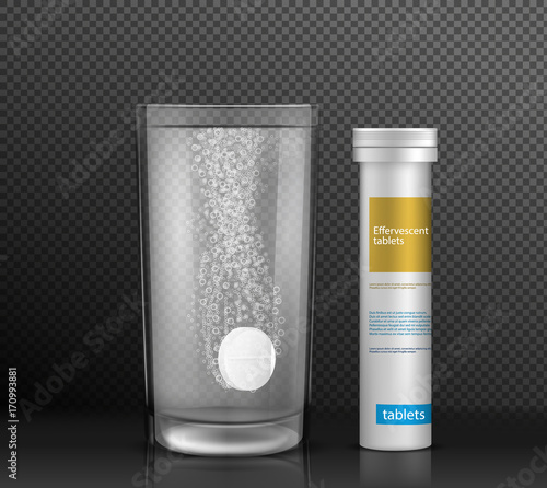 Effervescent round tablet dissolving with bubbles in glass of water standing on glossy surface near pill cylinder container with brand information realistic vector isolated on transparent background.