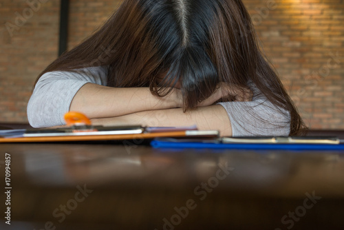 Tired , frustrated employee take a break at lunch time photo