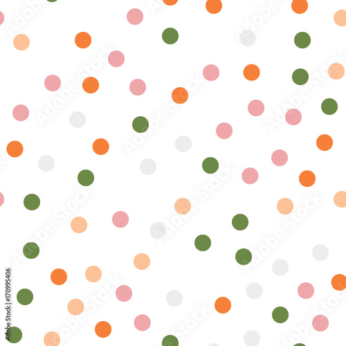 Colorful polka dots seamless pattern on black 14 background. Overwhelming classic colorful polka dots textile pattern. Seamless scattered confetti fall chaotic decor. Abstract vector illustration.