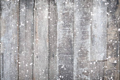 Christmas background - Old wood texture with snow. vintage and rustic style