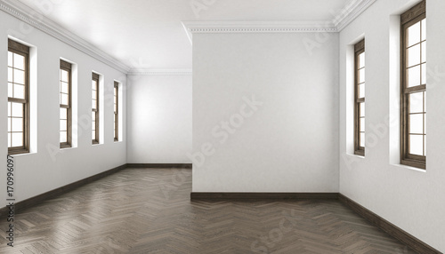 Building Interior with Chevron Parquet and Single Hung Windows