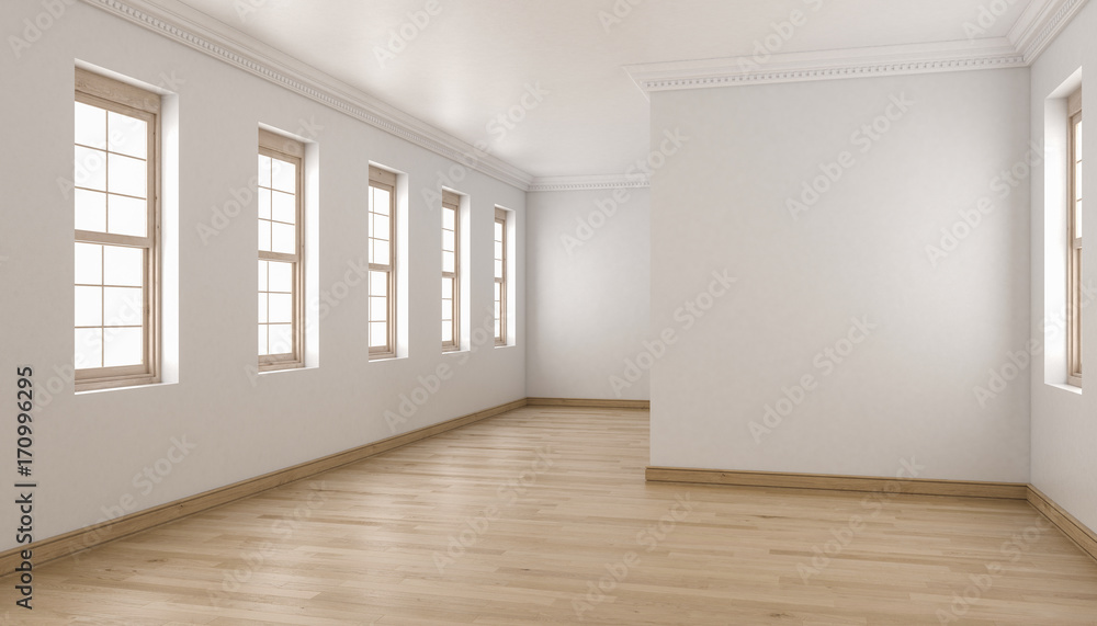 Empty Interior with Oak Wood Flooring and Single Hung Windows Empty Interior with Oak Wood Flooring and Single Hung Windows