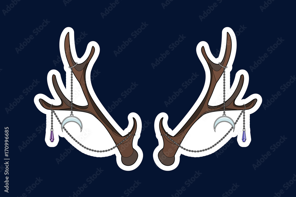 Obraz premium Sticker with antlers and silver chains, jewelry, stones. Vector illustration. Illustration for print on T-Shirts or cover for phone.