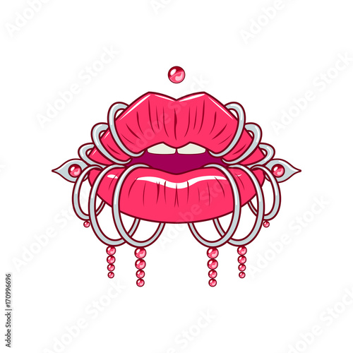 Vector illustration of lips. Pop art print in flash tattoo style. 