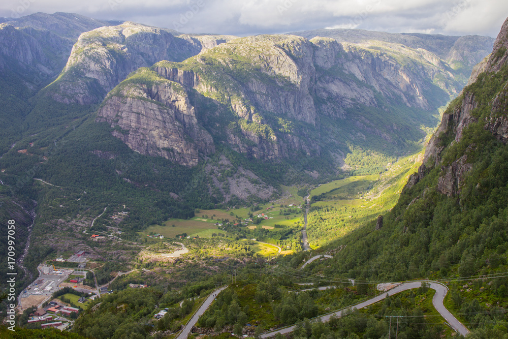 Aerial View of Lysefjord and Lysebotn from the mountain Kjerag, in Forsand municipality.