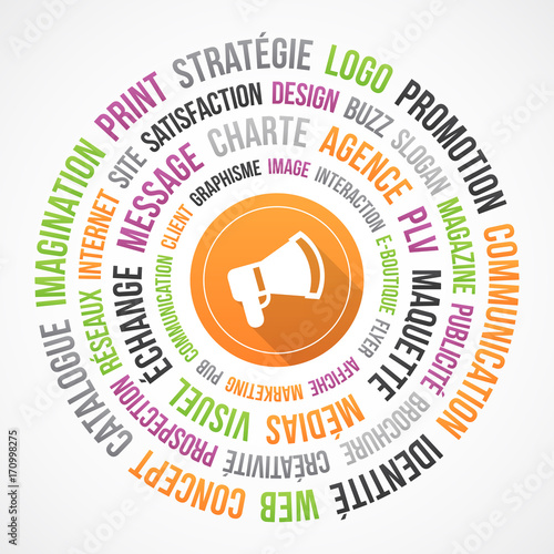 Communication, publicité et marketing - nuage de mots et icône