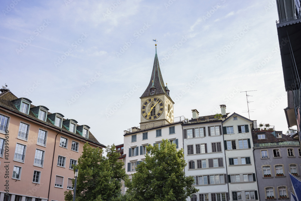 Afternoon cityscape of St. Peter's Church, Zurich