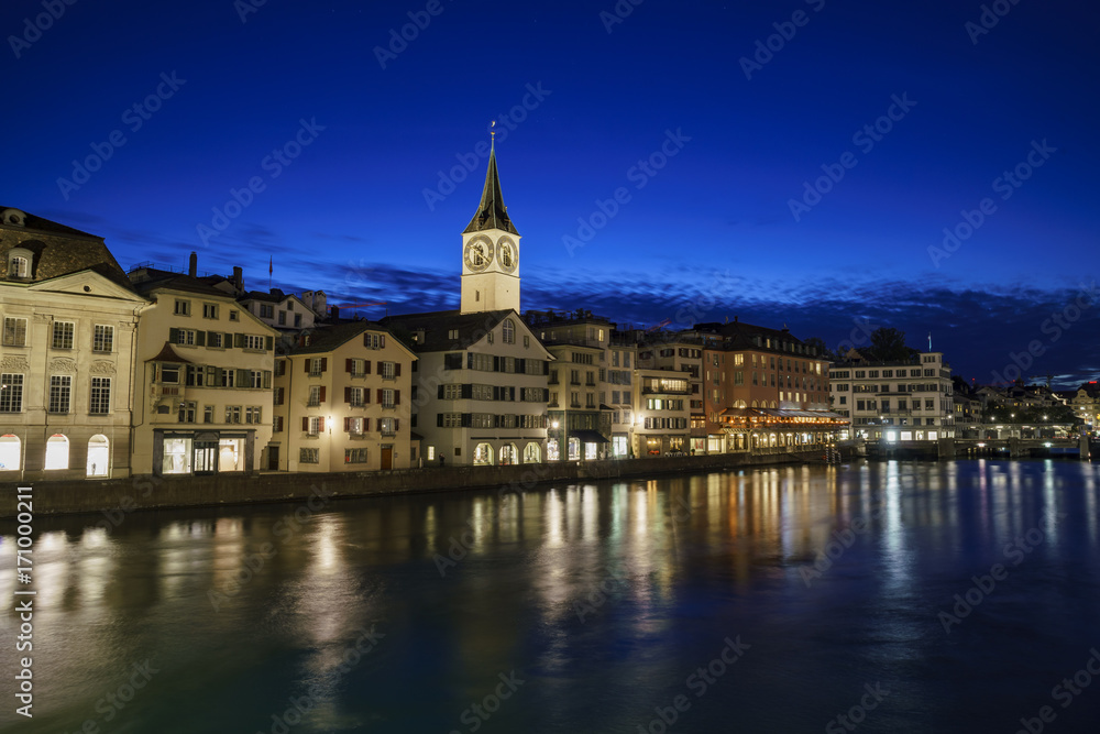 Night cityscape of St. Peter's Church, Zurich