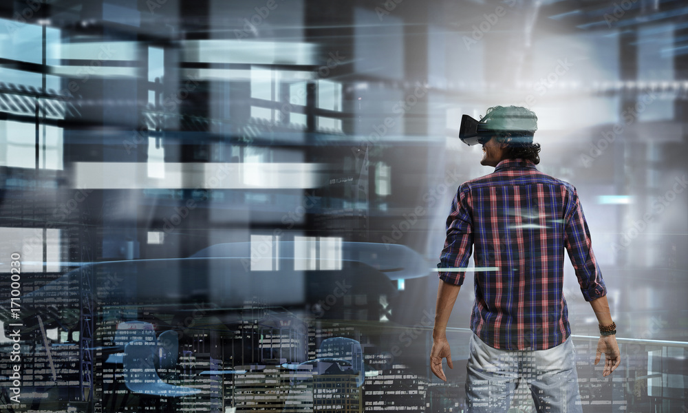 Man in virtual helmet . Mixed media Man in virtual helmet . Mixed media