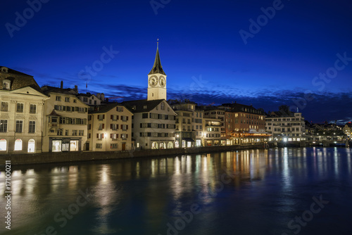 Night cityscape of St. Peter's Church, Zurich
