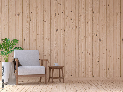 Fototapeta Naklejka Na Ścianę i Meble -  Modern vintage living room interior 3d rendering image.There are wooden floor and wall.Furnished with wooden armchair Seat cushion is white fabric