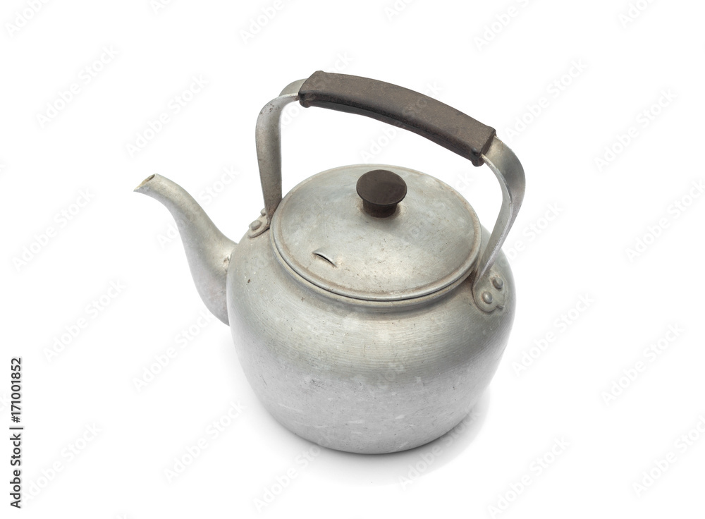 Old rustic aluminum kettle isolated on white background Old rustic aluminum kettle isolated on white background