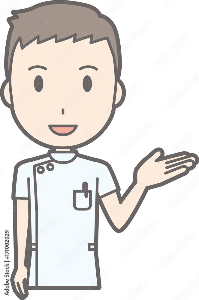 Illustration that a male nurse wearing a white suit draws out his hand Illustration that a male nurse wearing a white suit draws out his hand