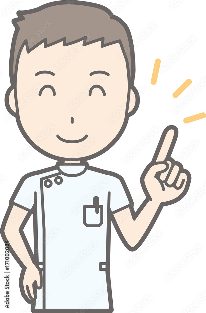 Illustration that a male nurse wearing a white suit is pointing at a smile Illustration that a male nurse wearing a white suit is pointing at a smile