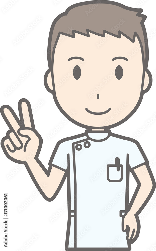 Illustration that a male nurse wearing a white coat is peace sign