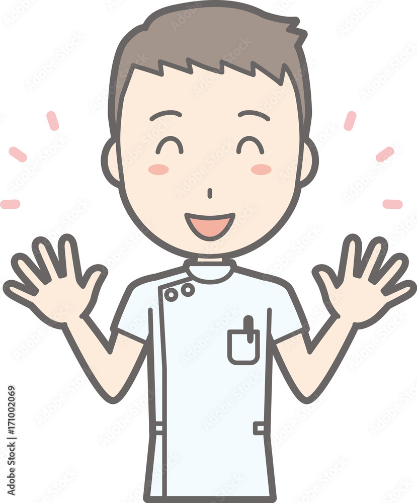 Illustration that a male nurse wearing a white suit spreads his hand and is laughing Illustration that a male nurse wearing a white suit spreads his hand and is laughing