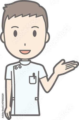 Illustration that a male nurse wearing a white suit draws out his hand