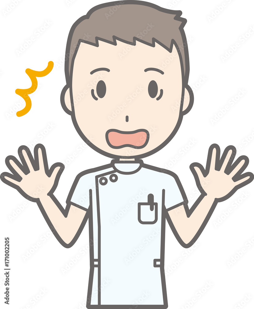 Illustration that a male nurse wearing a white coat stretches his hands