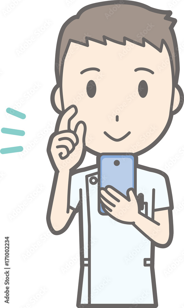 Illustration that a male nurse wearing a white suit is operating a smartphone Illustration that a male nurse wearing a white suit is operating a smartphone
