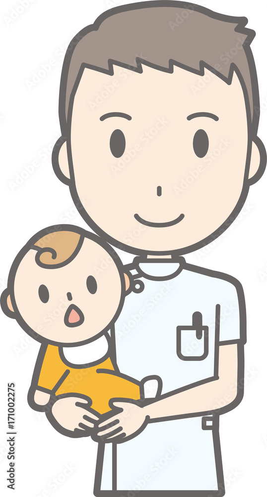 Illustration of a male nurse wearing a white suit holding a baby Illustration of a male nurse wearing a white suit holding a baby