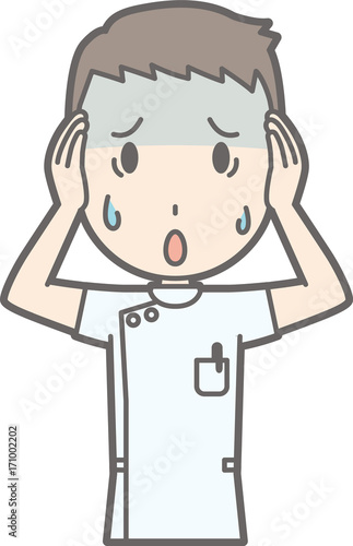 An illustration that a male nurse wearing a white coat is having trouble holding her head