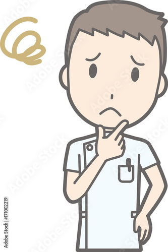 An illustration in which a male nurse wearing a white suit is in trouble