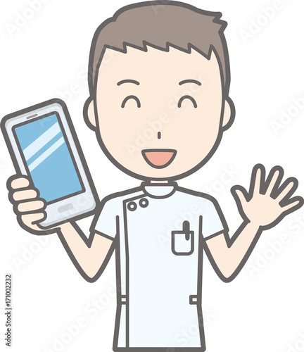 Illustration that a male nurse wearing a white suit has a smartphone
