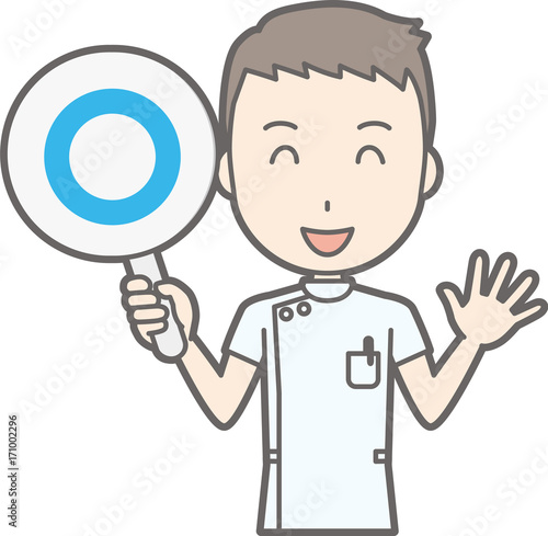 Illustration that a male nurse wearing a white coat has a circle's mark