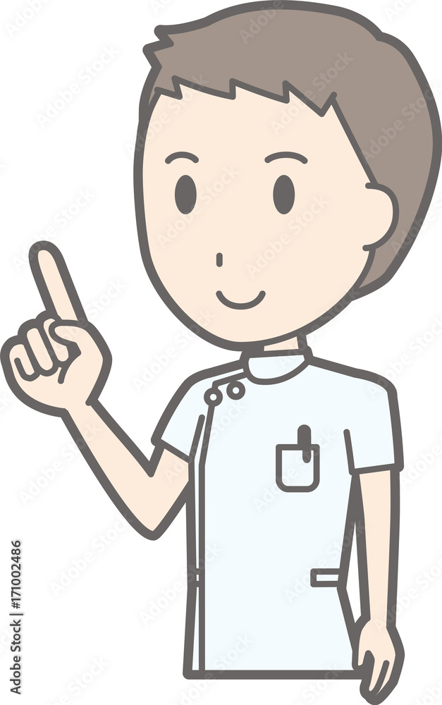 Illustration that a male nurse wearing a white suit is pointing at a finger