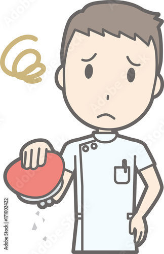 Illustration that a male nurse wearing a white suit has an empty wallet