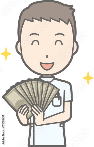 Illustration that a male nurse wearing a white coat has a bundle