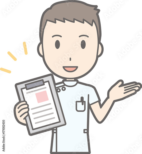 Illustration that a male nurse wearing a white coat has a file