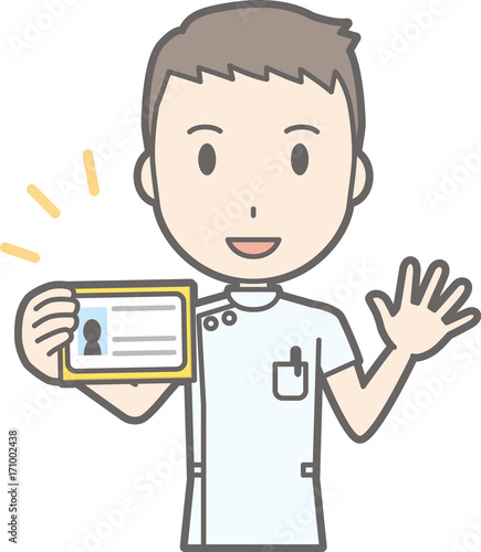 Illustration of a male nurse wearing a white suit with an identification card