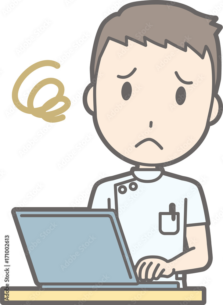 An illustration that a male nurse wearing a white coat is troubled by operating a personal computer An illustration that a male nurse wearing a white coat is troubled by operating a personal computer