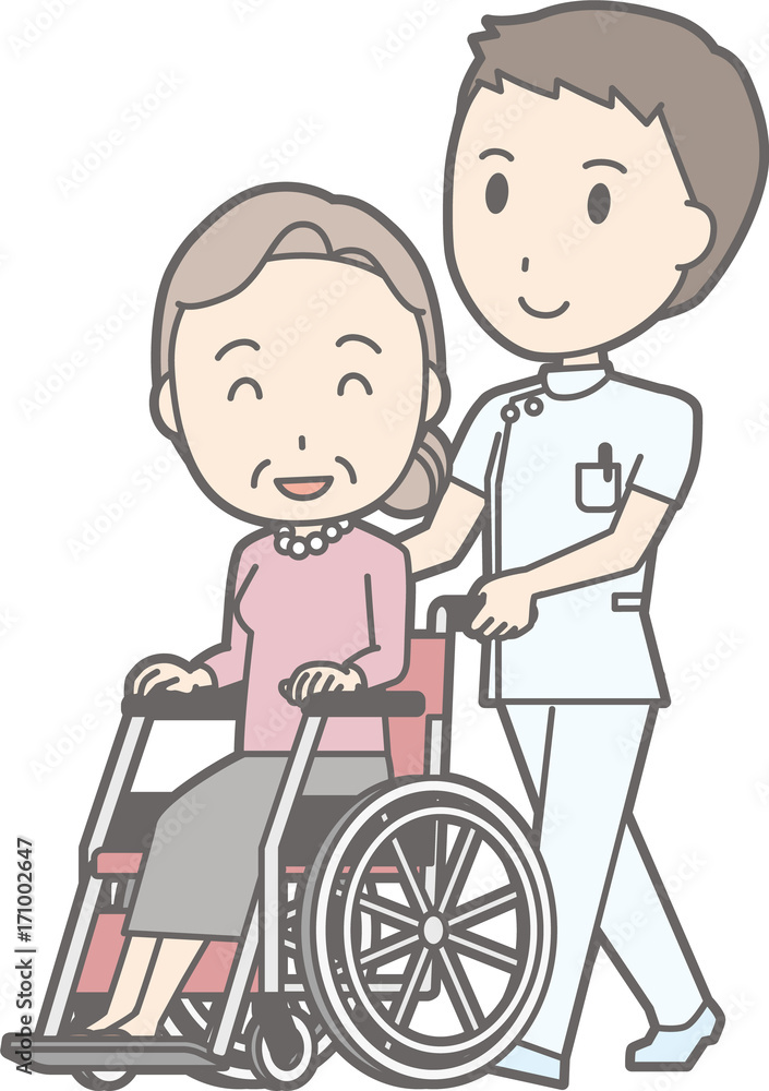 Illustration of a male nurse wearing a white suit pushing a wheelchair on which an old woman was riding Illustration of a male nurse wearing a white suit pushing a wheelchair on which an old woman was riding