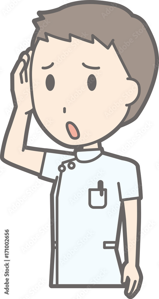 An illustration in which a male nurse wearing a white suit is in trouble An illustration in which a male nurse wearing a white suit is in trouble