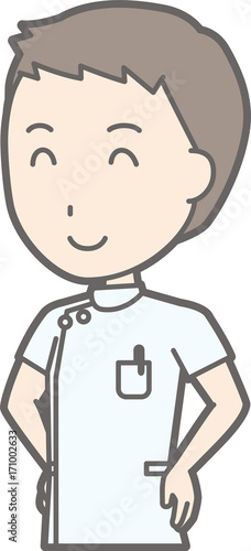 Illustration of a male nurse wearing a white suit with a smile
